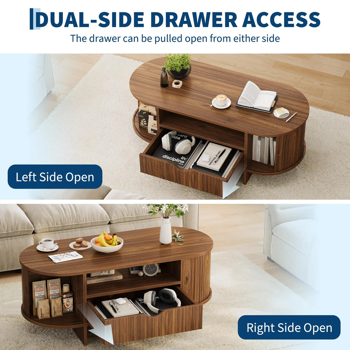 HiMISS Modern Fluted Oval Coffee Table With Storage Cabinet