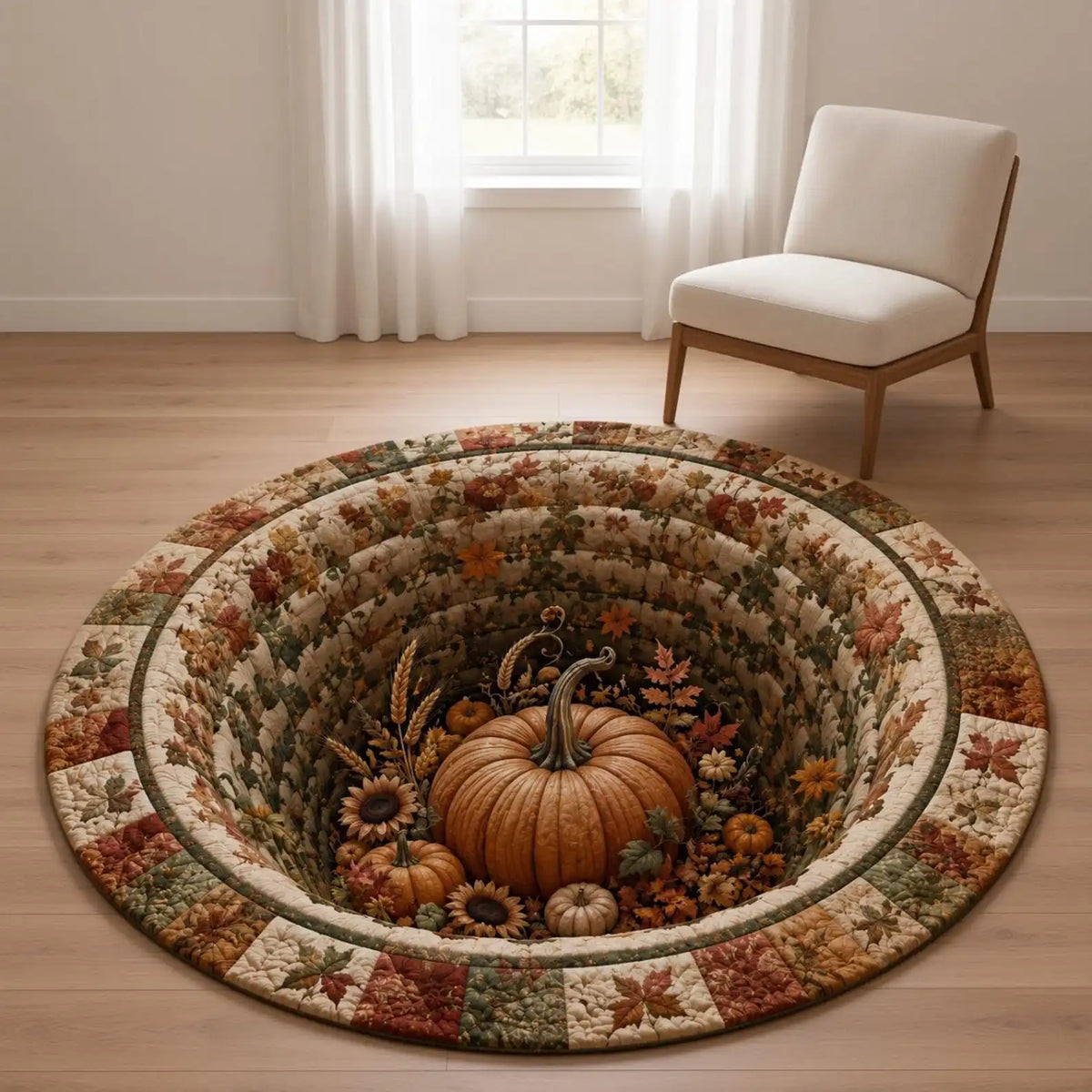 1PC Autumn Harvest Pumpkin 2D Illusion Circular Carpet, Thanksgiving Retro Maple Leaf Pattern Printed Carpet, American Rural Home Decoration, Suitable for Living Room, Bedhead, Bedroom, Home Floor Mat, Festival Party