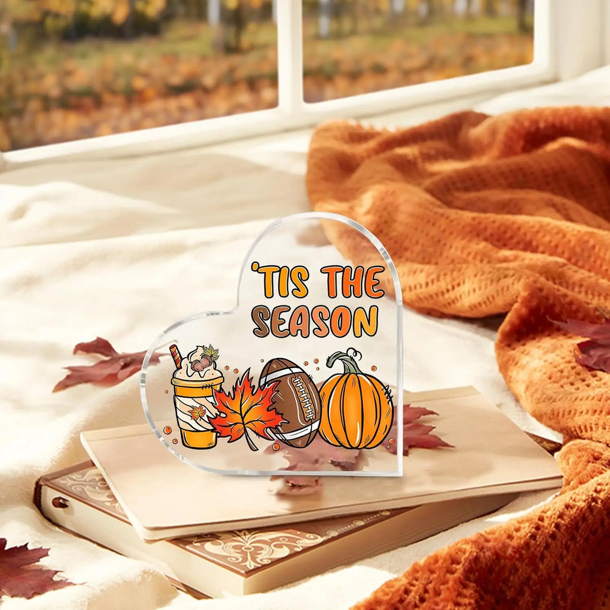 Cute Cartoon Fall Harvest Graphic Heart‑Shaped Acrylic Ornament, Autumn Thanksgiving Tabletop Decoration
