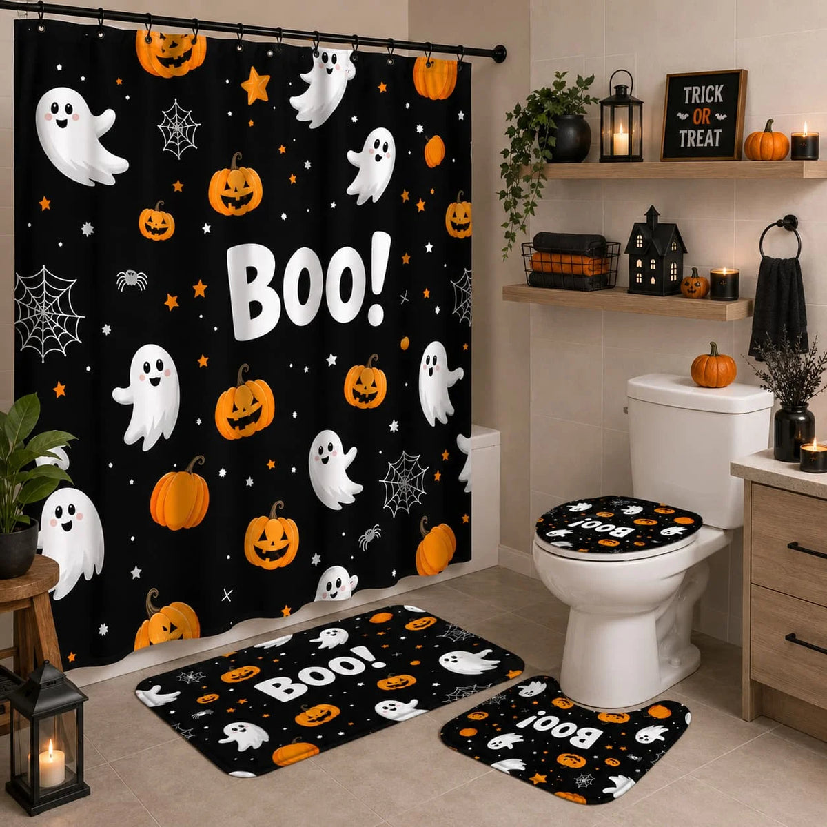 4pcs Halloween Boo Pumpkin Lantern Ghost Shower Curtain Set, Halloween Decor Bathroom Curtain Set with 12 Hooks Included Non-Slip Bathroom, Toilet U-Shaped, Toilet Lid Cover, Bathroom Additions Halloween Gift