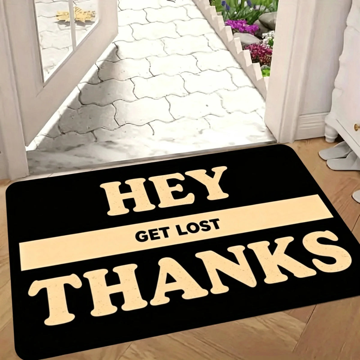 1 Fun Welcome Door Mat "Welcome Joke, Please Go Home" - Durable machine washable indoor and outdoor anti slip floor mat, rectangular door mat made of flannel material, bold text design, suitable for indoor/outdoor use