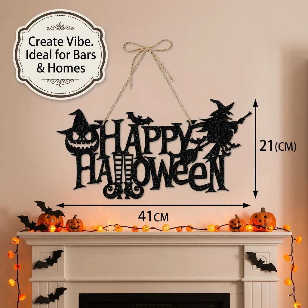 Halloween Hanging Sign Happy Halloween Door Decoration Glitter Black Witch Pumpkin Bat Wall Decor for Party Home Haunted House Bar Layout, 16.1x8.3 Inches (41x21cm)