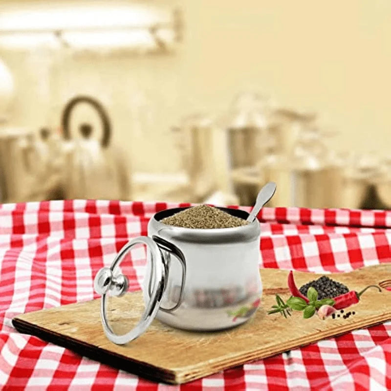 1Set 300ml Stainless Steel Sugar Bowl Coffee Seasoning Jar Condiment Pot Spice Container Canister Cruet with Lid and Spoon
