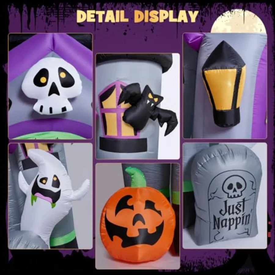 Halloween outdoor inflatables: 12 FT haunted house castle archway, PVC material, black and purple, weather-resistant with built