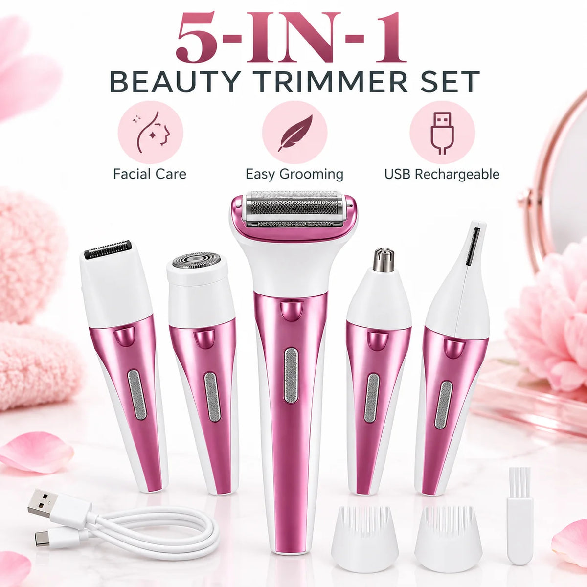 5-In-1 Rechargeable Cordless Electric Shaver For Women - Trimmer For Face, Nose, Eyebrows, Arms, Underarms, And Legs