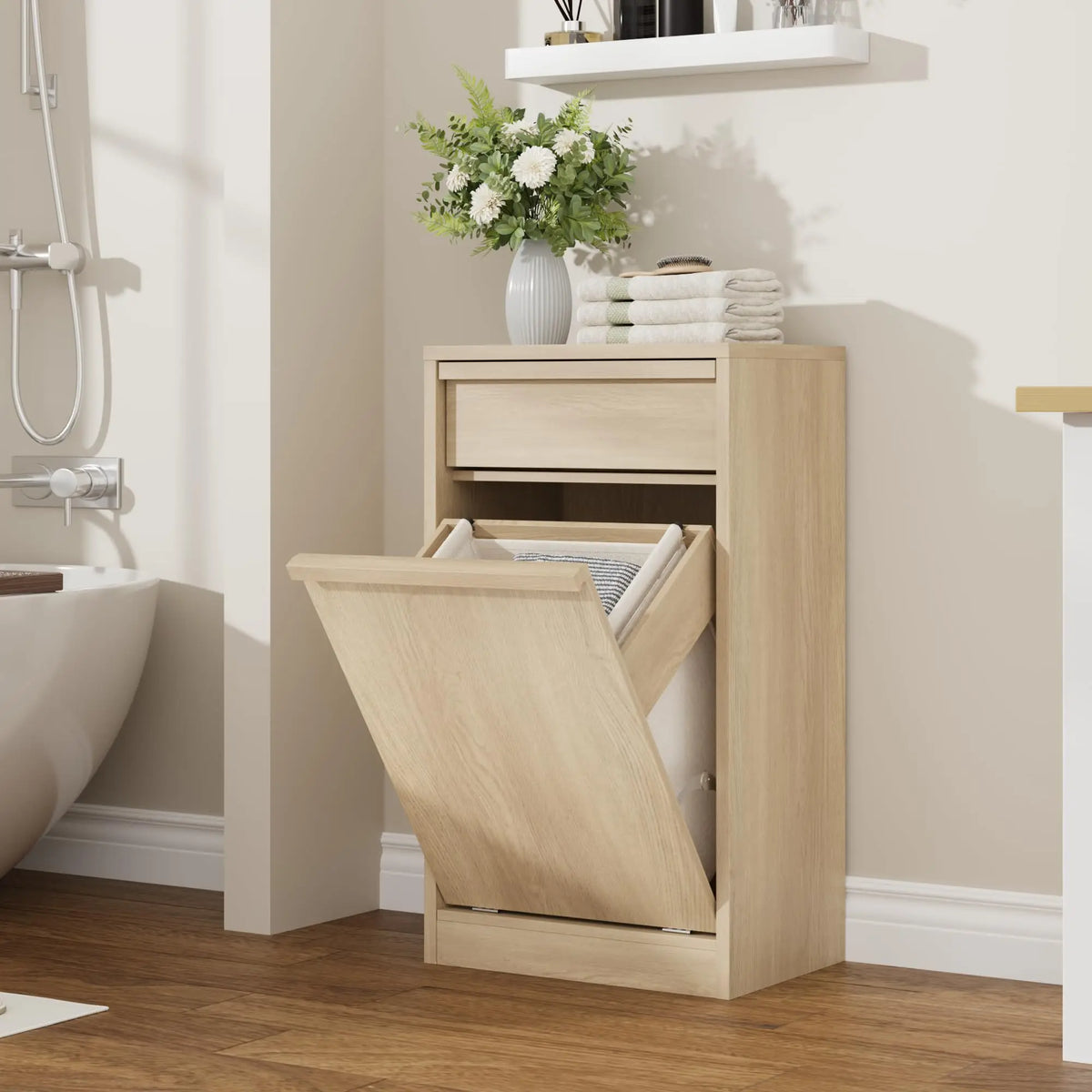 HiMISS Farmhouse Tilt Out Laundry Hamper Cabinet With Drawer