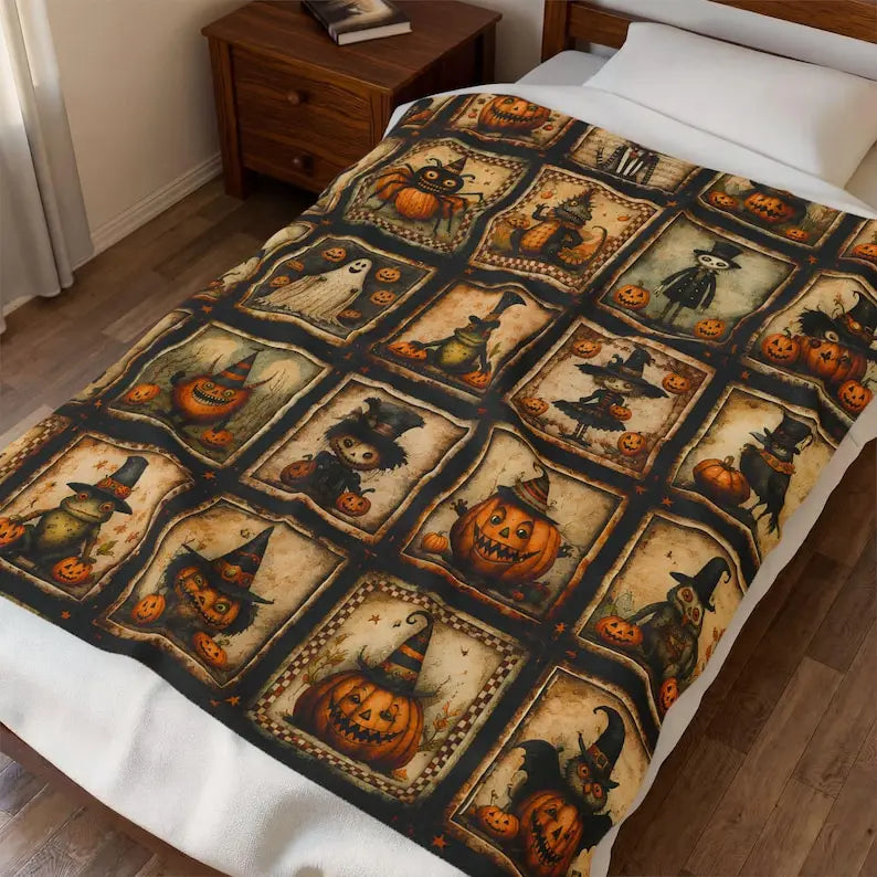 Spooky Vintage Halloween Patchwork Blanket |   Velveteen Plush Blanket