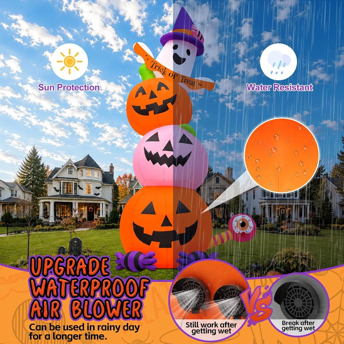 Halloween Inflatable Pumpkin Ghost, 20-Foot Tall Giant Blow-Up Yard Decoration with Built-In Lights for Garden, Lawn, Indoor & Outdoor Use