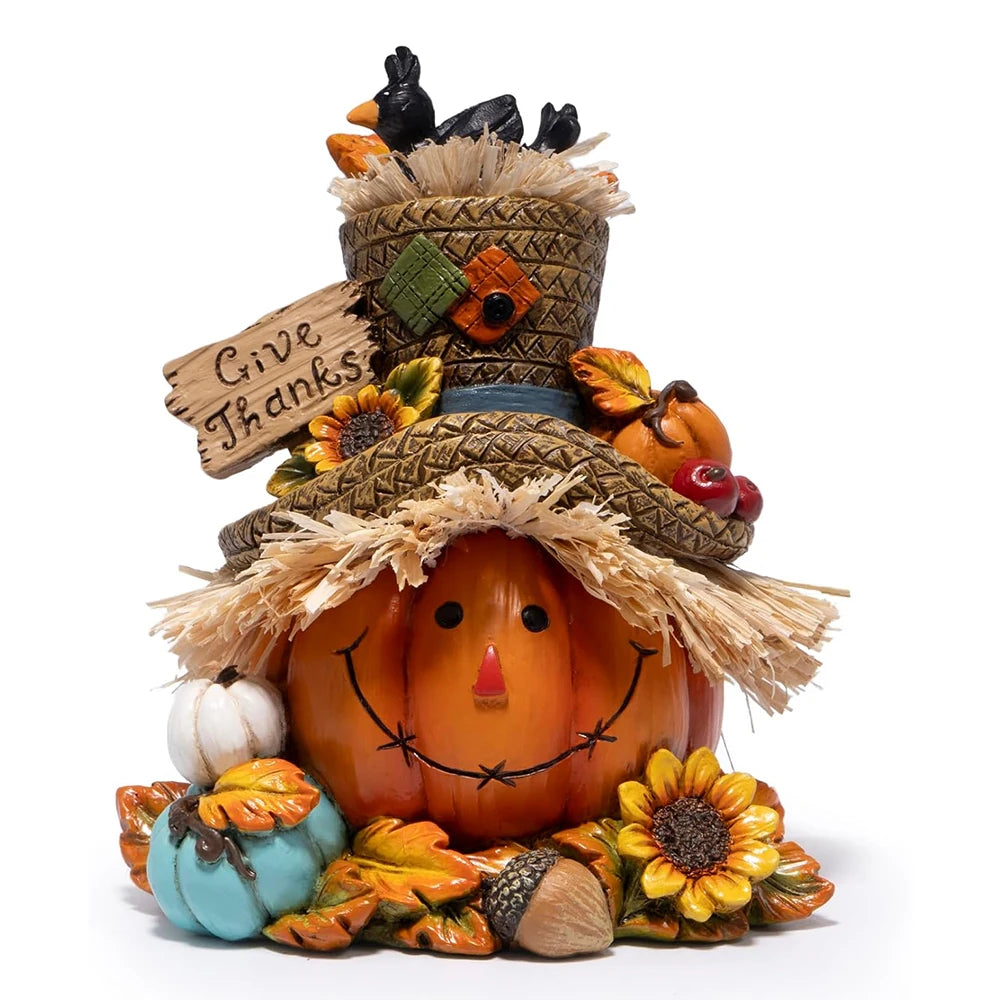 Hodao Resin Thanksgiving Harvest Scarecrow Figurine Figure Model, Pumpkin Face Autumn Decor with Give Thanks Sign & Cute Black Crows, Rustic Farmhouse Tabletop Statue with Straw Hat & Sunflower, Holiday Accent Ornament for Ho