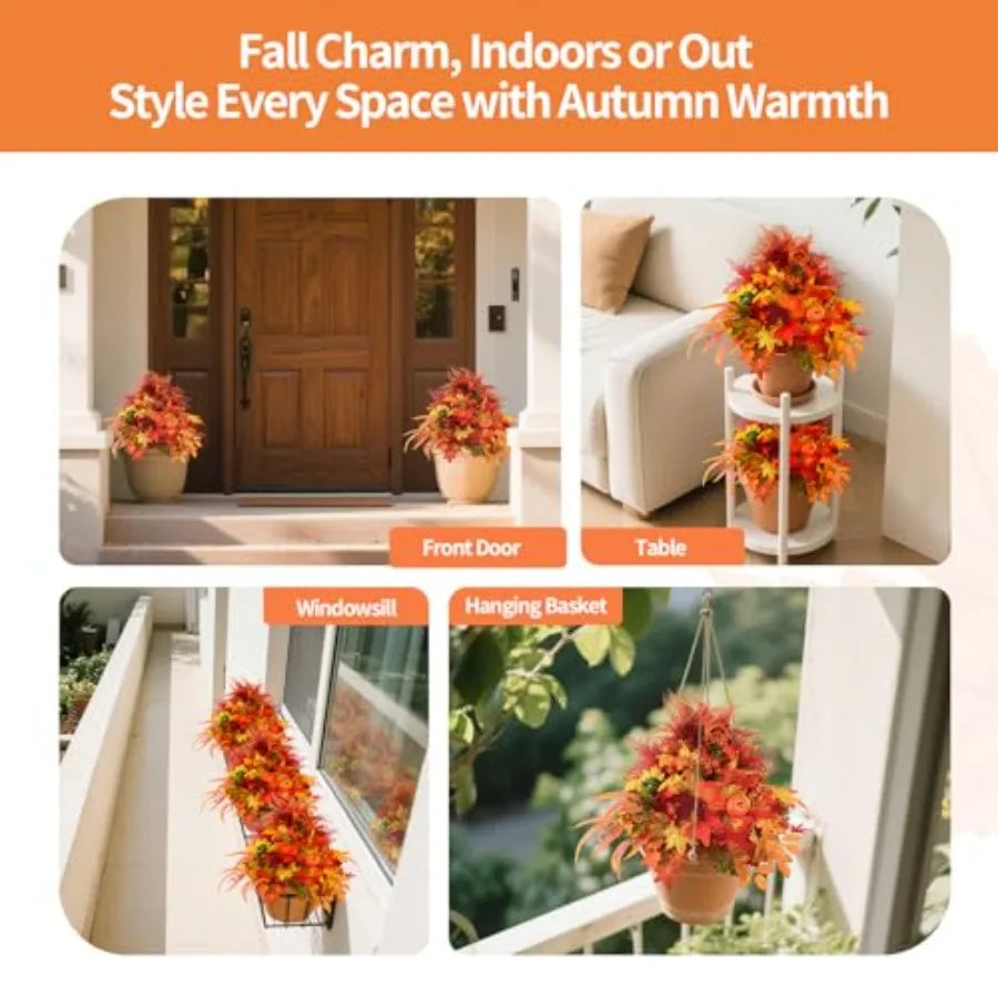 Outdoor autumn decor: artificial pumpkin and maple leaf potted plants, 20-inch fall flowers in orange and red, weather-resistan