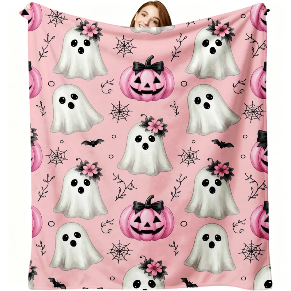 1pc Pink Ghost Pumpkin Spider Web Print Flannel Blanket Soft Comfortable Warm Bed Cover Autumn Winter Season Home Bedroom Sofa Halloween Thanksgiving Christmas Festival Gift