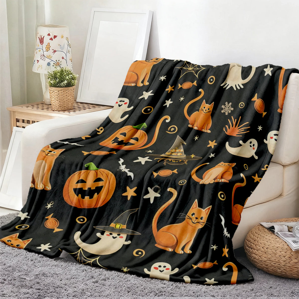Halloween Flannel Throw Blanket Suitable for All- Cozy Bedspread with Playful Orange Cats, Ghosts & Jack-o'-Lanterns on Black - Soft Machine Washable Bedspread for Room,, or Decor - Ideal Holiday Gift for Year-Round