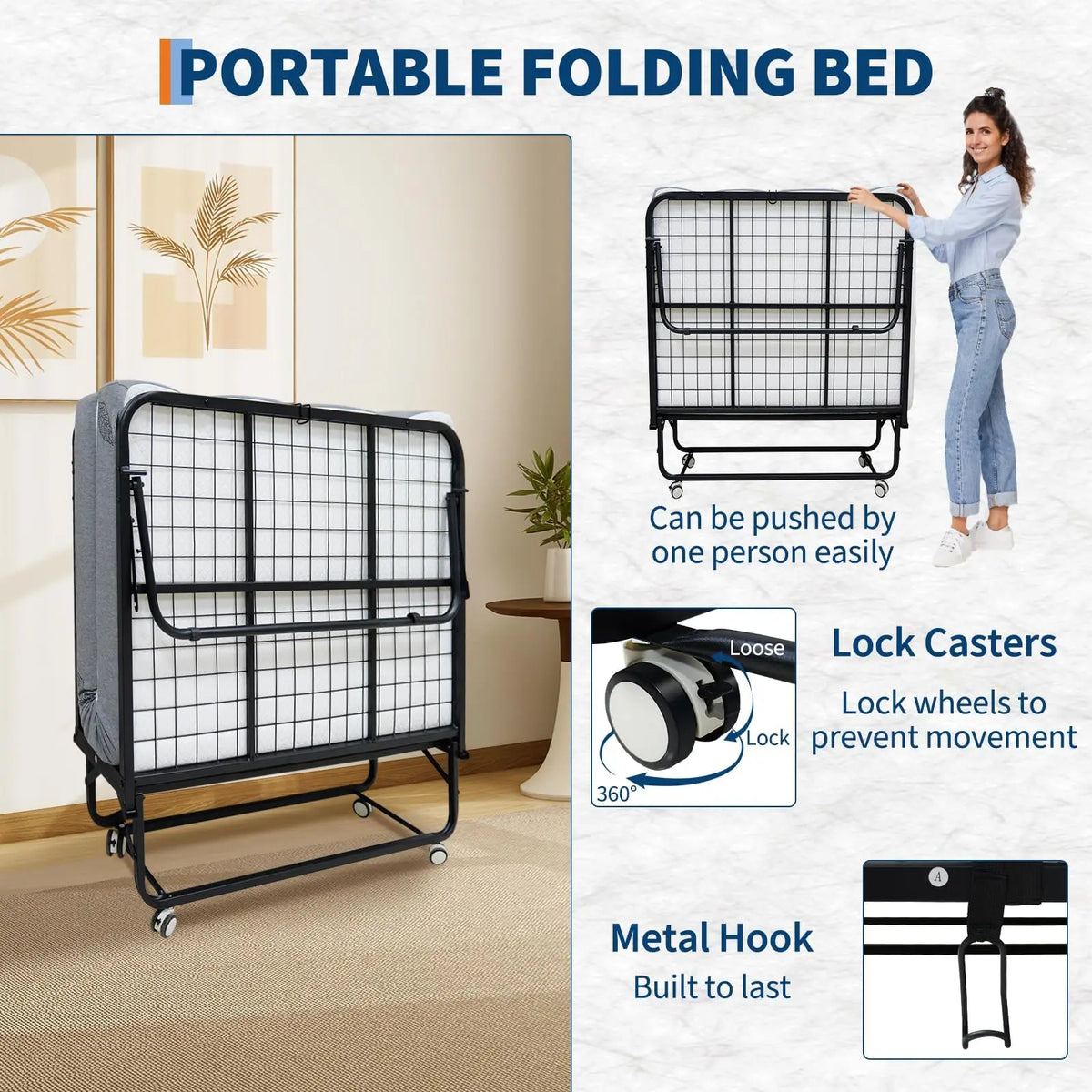 Portable Folding Bed With 6 Inch Memory Foam Mattress Sturdy Steel Frame Foldable Rollaway Guest Bed With Wheels Space Saving Spare Bed For Apartment RV Dorm Overnight Visitors