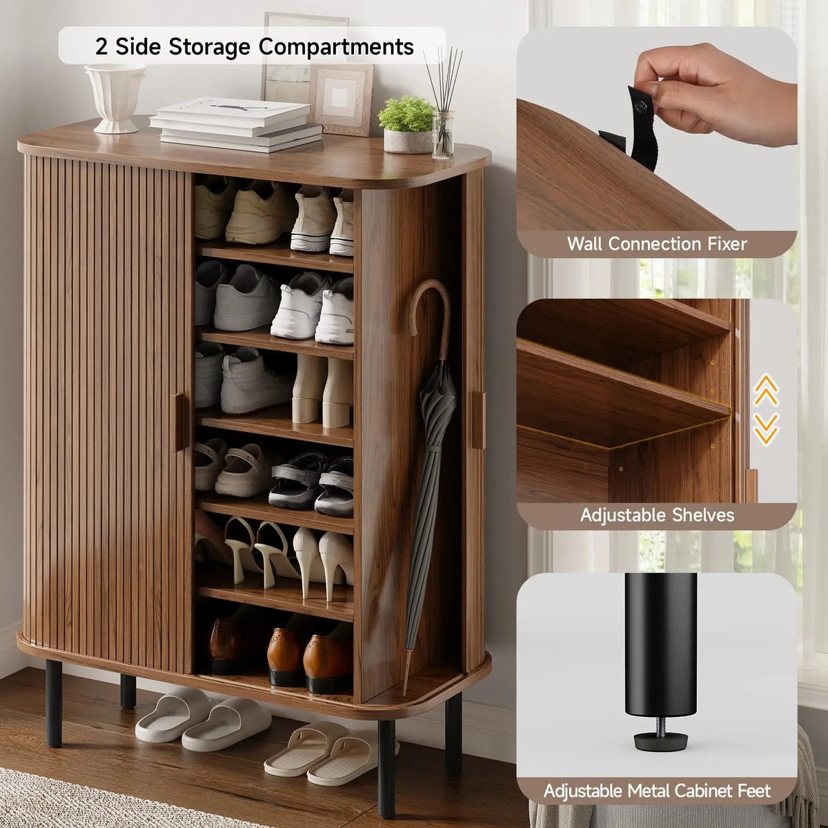 Fluted 6-Tier Shoe Cabinet, Wooden Shoe Storage Cabinet with Sliding Door, Shoe Storage Organizer for Entryway, Hallway