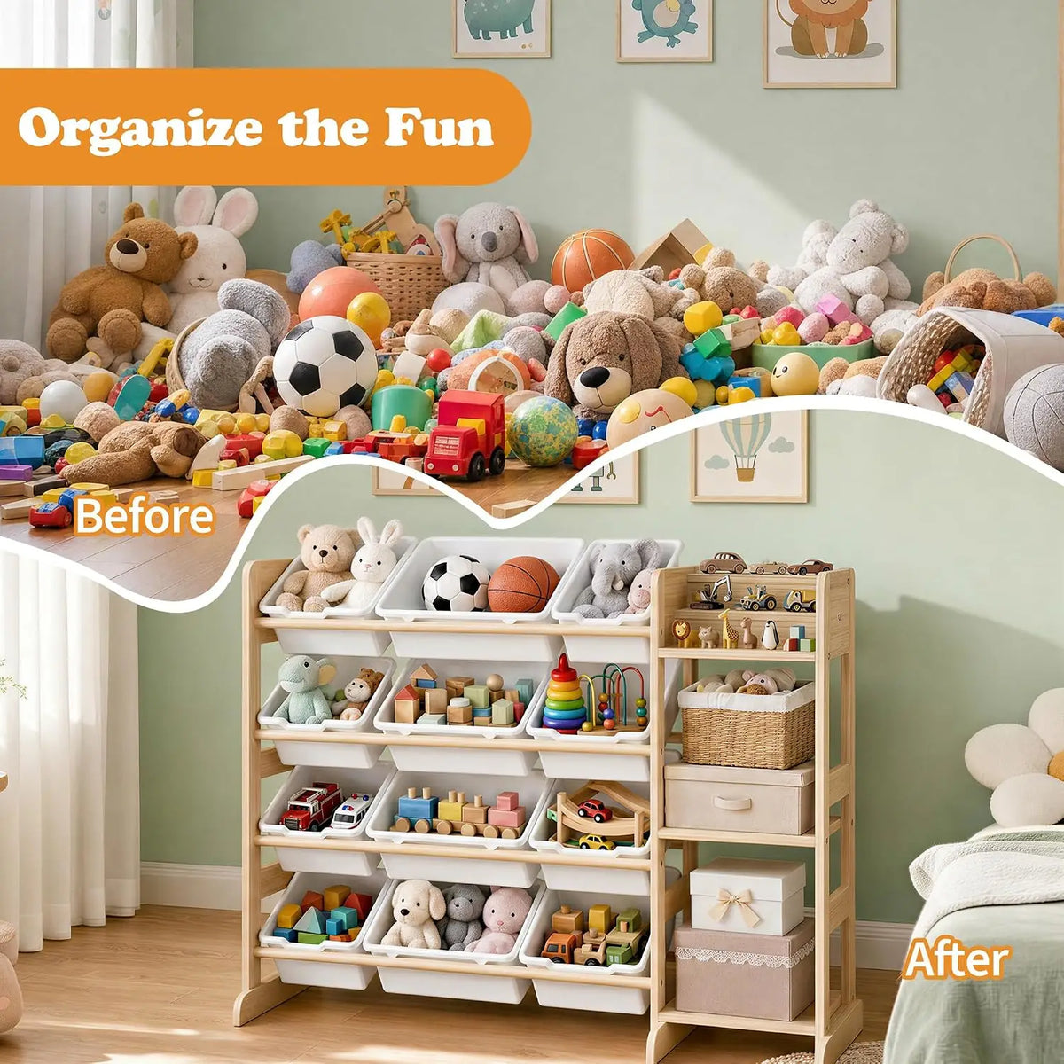 Tacleekii 42" 52" Wide Kids Toy Storage Organizer with 12 Bins & 3 Open Shelves Solid Wood Bookshelf Cabinet Storage Unit for Playroom Bedroom Living Room
