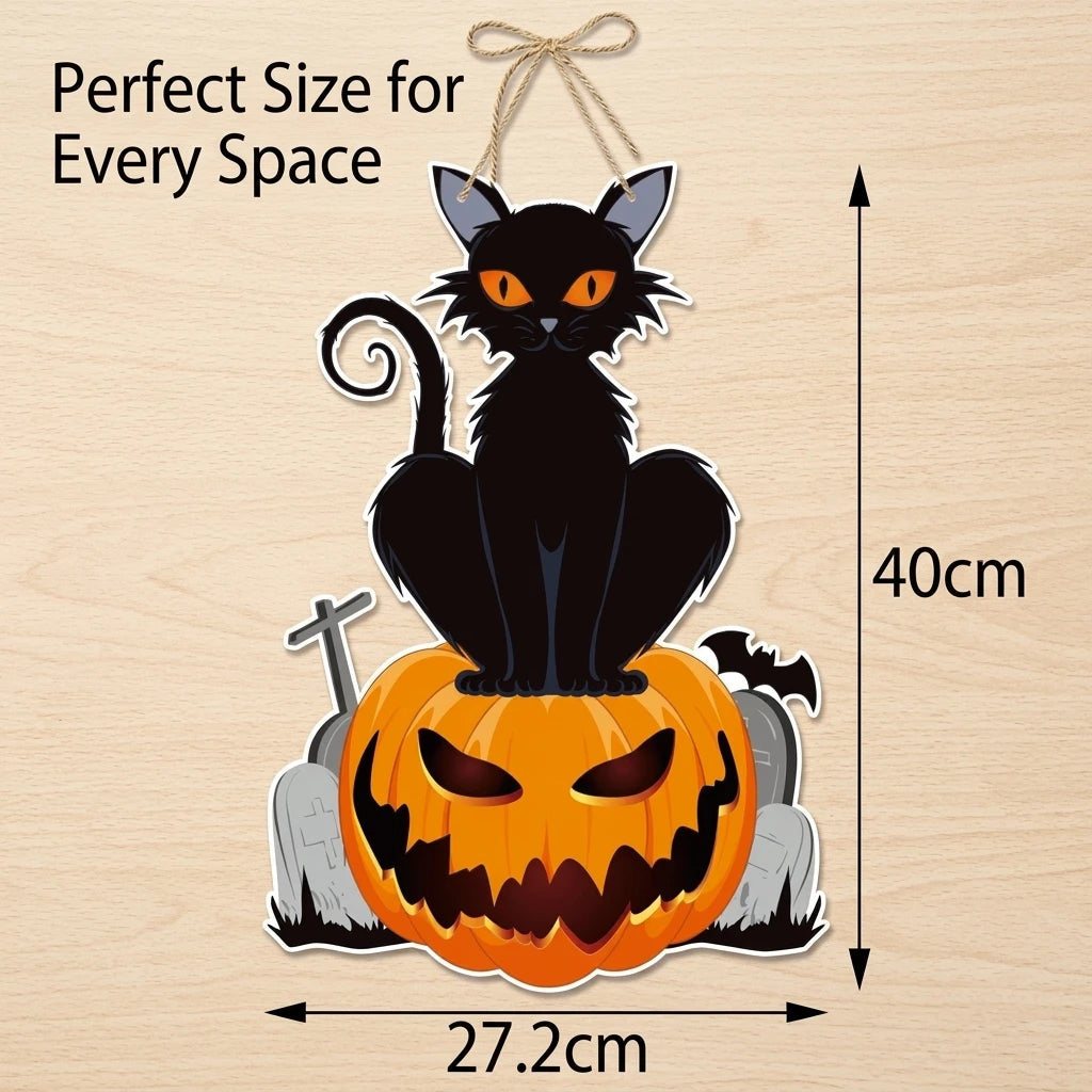 Halloween Door Hanging Decoration Spooky Black Cat on Pumpkin Jack-o-Lantern Wall Sign for Haunted House Party Bar Indoor Outdoor Home Decor Props 40 x 27.2cm