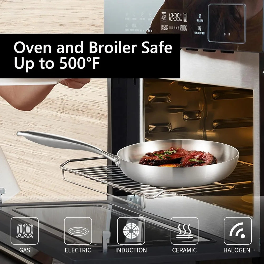 11 Inch Tri-Ply Stainless Steel Frying Pan Detachable Handle Fast Even Heating Induction Oven Safe Kitchen Skillet