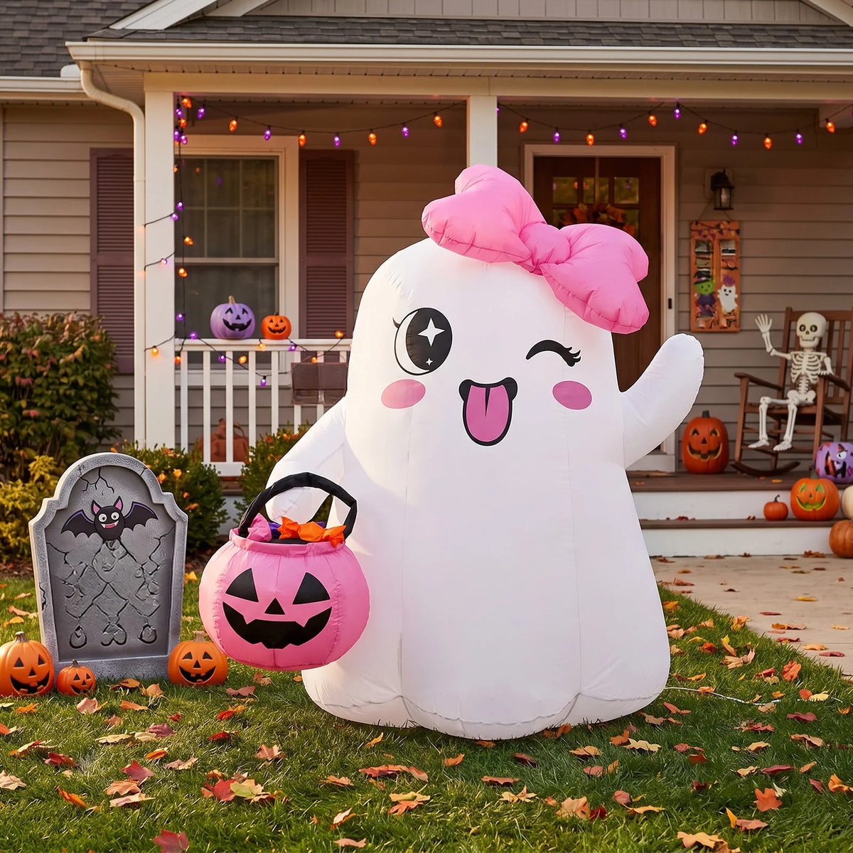 Halloween 5ft Inflatable Cute Ghost Decor with Pink Bow - Indoor/Outdoor Party, Store, and Event Venue Decoration