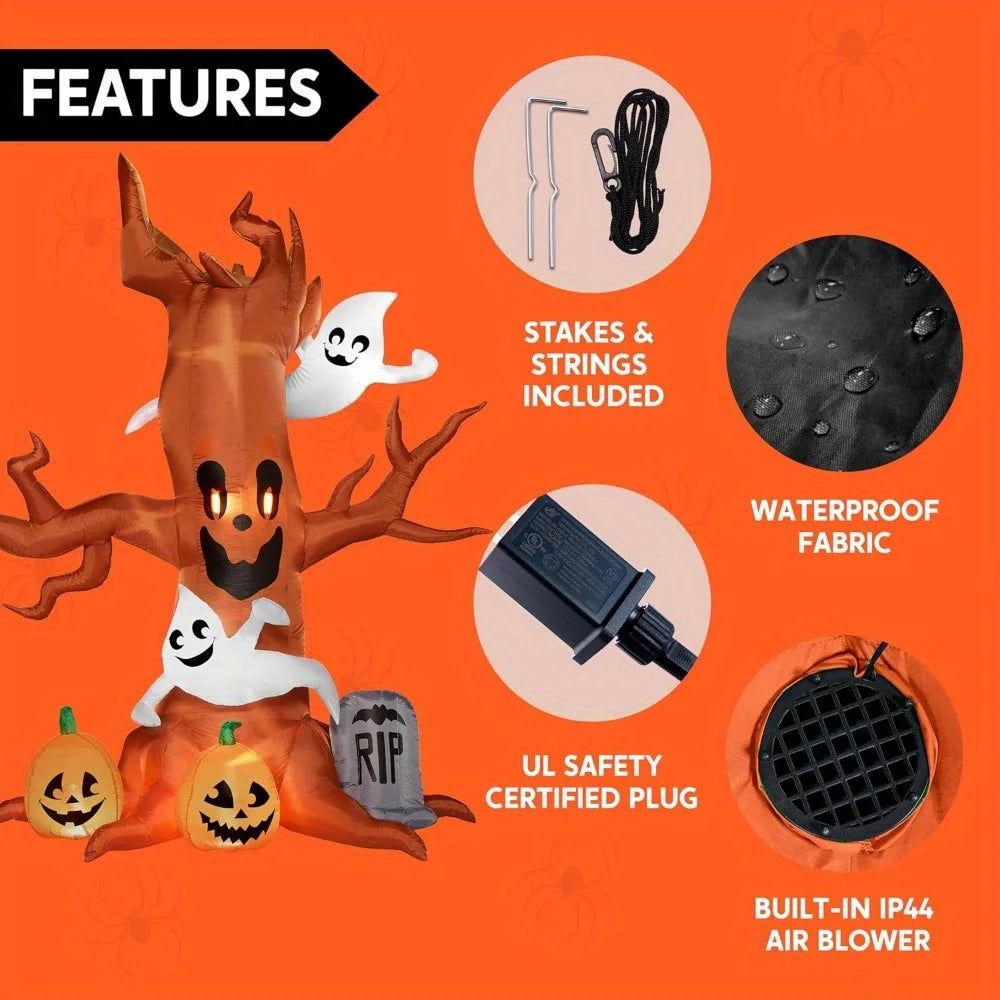 8 FT Halloween Inflatable Scary Tree with Ghost Decorations, Pumpkin and Tombstone, Blow Up Inflatables with Build-in LEDs for Halloween Party Indoor, Outdoor, Yard, Garden, Lawn Decorations
