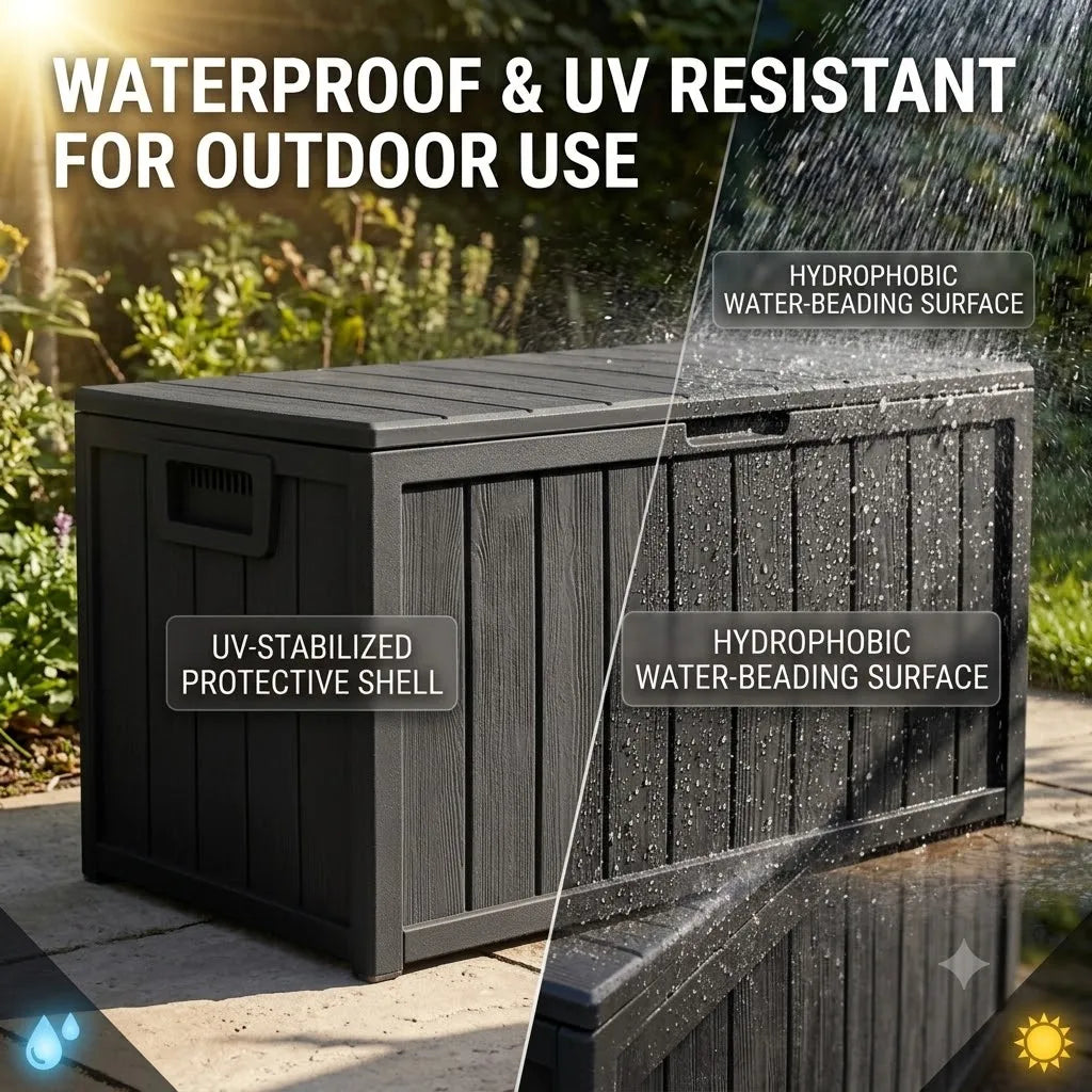 Oversize 44.09×18.90×21.26 Inch Outdoor Plastic Storage Box, Beige Heavy Duty Tool Chest with 6 Split Panels. Comes with 3 latches, 2 connecting ropes & 2 rolling wheels. Waterproof UV-resistant hard plastic, large capacity
