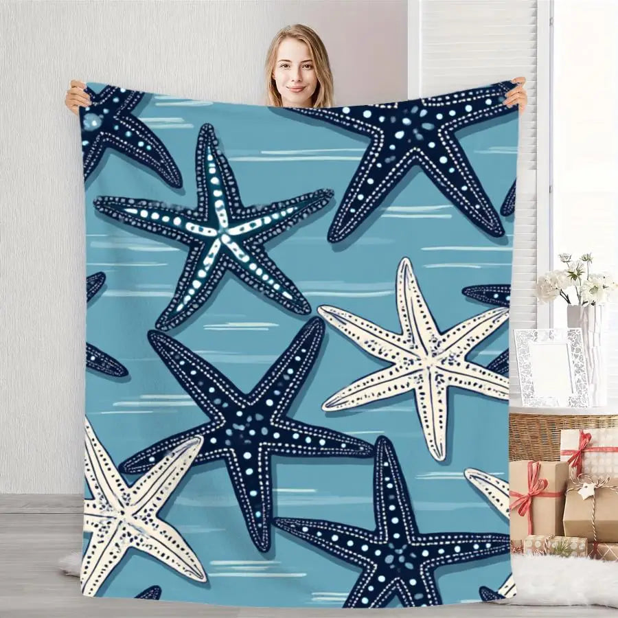 1pc Cooling Blanket with Nautical Starfish Pattern, Soft Flannel Plush Throw, Cozy Large Fluffy Comforter for Coastal Decor, 280GM Perfect as Home Decoration & Holiday Gift Choice.