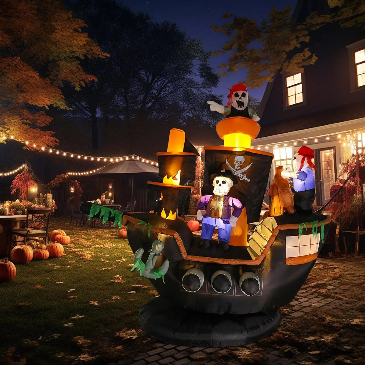 Outdoor Halloween Inflatable Decorations, 7ft Giant Pirate Ship Yard Decoration with Skeleton & Ghost Figures, Built-in LED Lights, Blow Up Lawn Ornament for Patio Party
