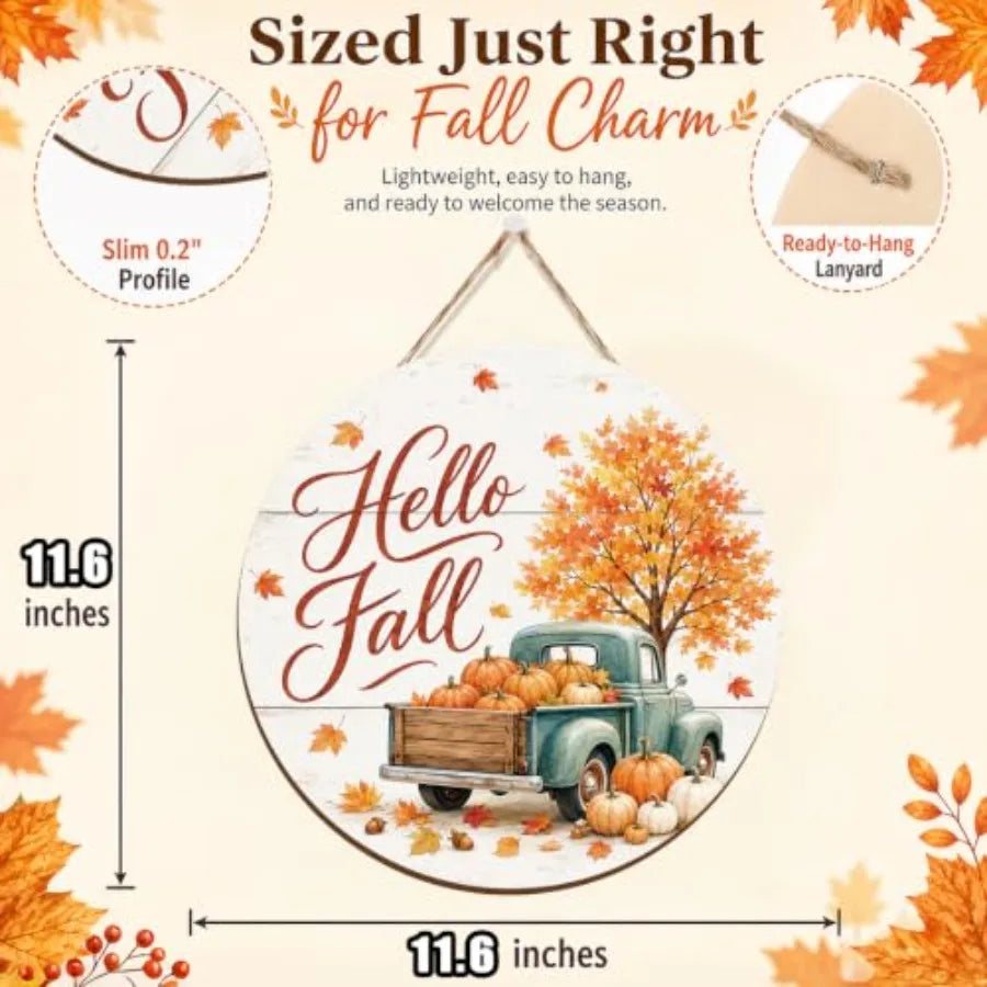Fall Door Decor Wooden Hello Fall Sign, Pumpkin Truck Door Hanger Wooden Hello Fall pumpkin truck sign for front door, porch, w