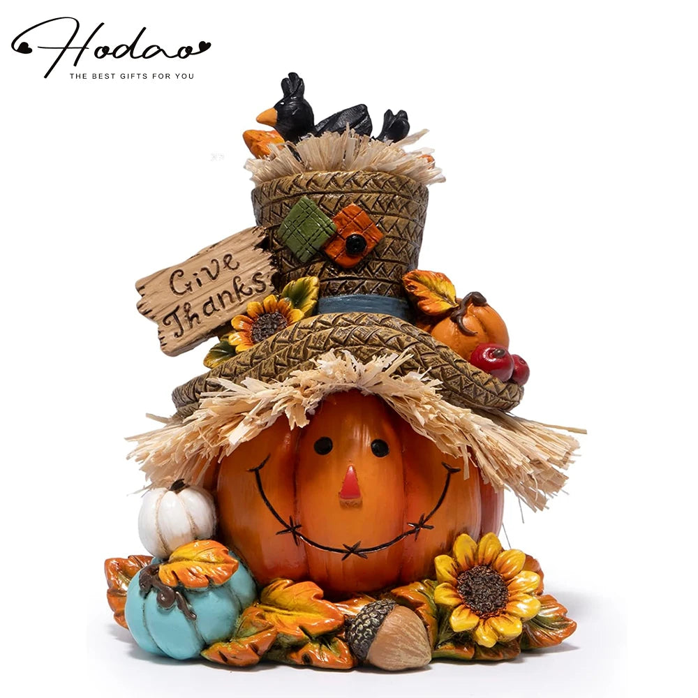 Hodao Resin Thanksgiving Harvest Scarecrow Figurine Figure Model, Pumpkin Face Autumn Decor with Give Thanks Sign & Cute Black Crows, Rustic Farmhouse Tabletop Statue with Straw Hat & Sunflower, Holiday Accent Ornament for Ho