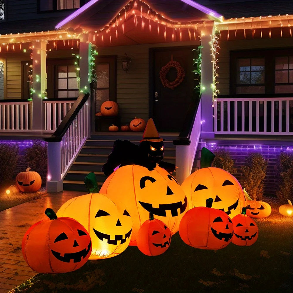 7 FT Long Halloween Inflatables Pumpkin Outdoor Decorations 7 Pumpkins Outside Decoration with Witch's Cat with Build-in LEDs Blow Up Inflatables for Party Yard Lawn Garden Decor