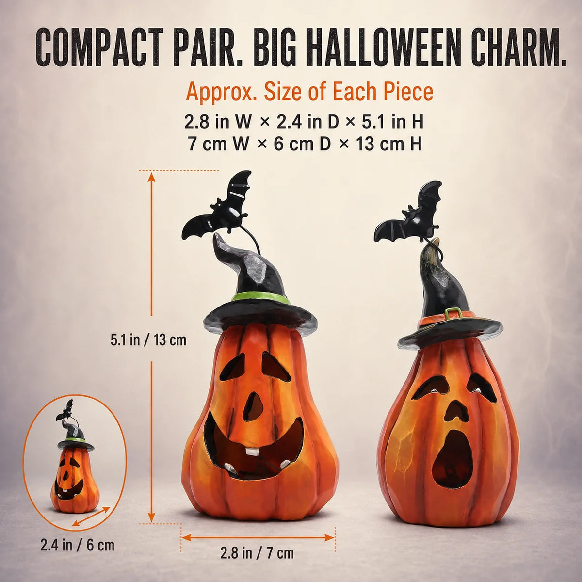Hodao Resin Halloween Pumpkin Figurine Set, 2-Piece LED Light Up Jack-o'-Lantern Decor with Witch Hat & Black Bat Accents, Spooky Glowing Tabletop Figure Model for Shelf Mantel Display, Collectible Fall Seasonal Home Decorati