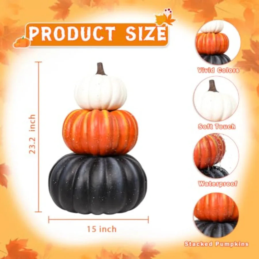 Porch autumn decor: 23-inch stacked faux pumpkins in black, orange, white; 3-tier stackable design for Halloween, Thanksgiving,