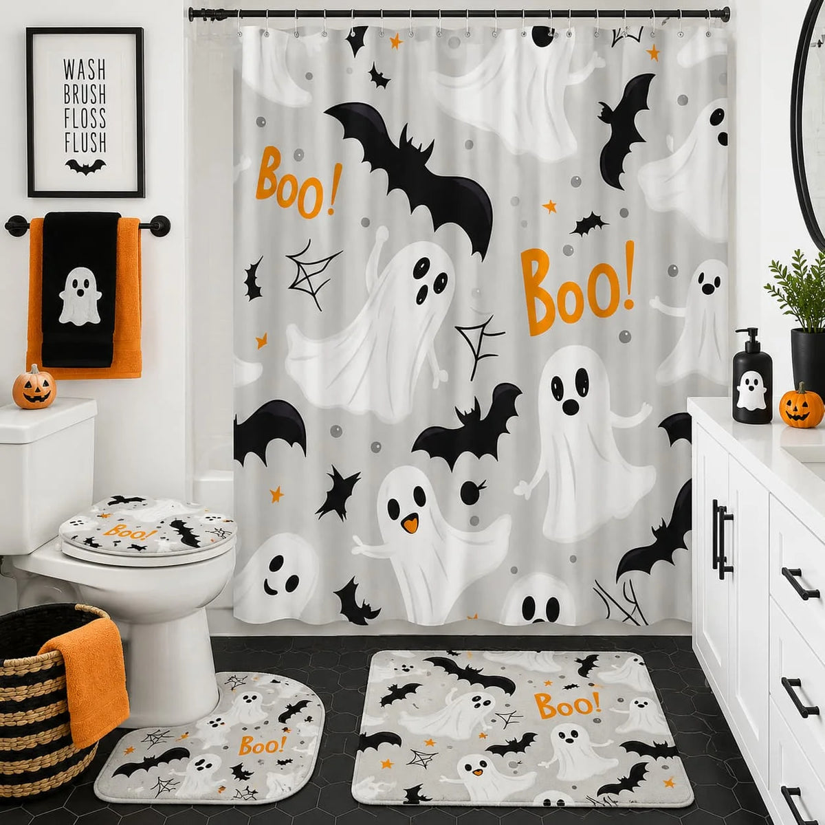 A Single Whimsical Halloween Shower Curtain Featuring a Seamless Design of White Ghosts with Black Eyes And Mouths, Along with Flying And Standing Black Bats
