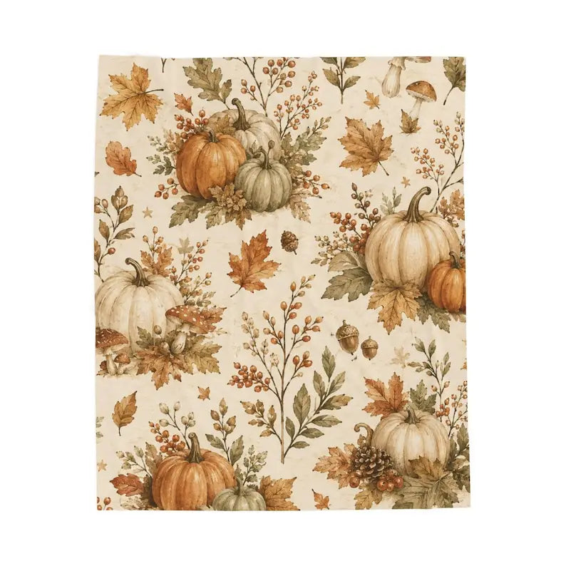 Autumn Pumpkins Velveteen Plush Blanket |   Fall Leaves Acorns Cozy Throw