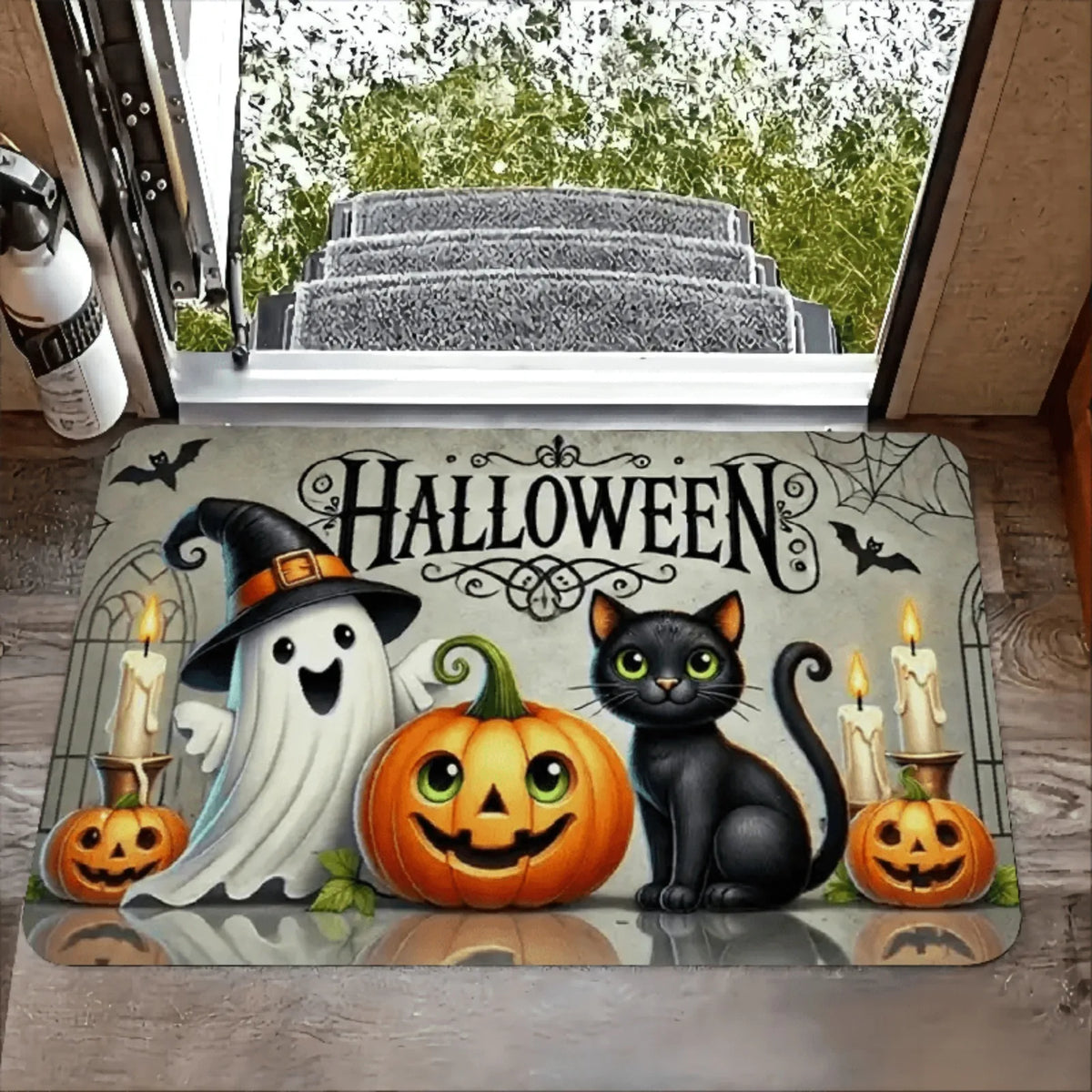 1pc Door Mat with Halloween Pumpkin and Cat Design, Welcome Floor Mats, Polyester Area Mat for Laundry Room and Kitchen, Room Decoration, Guest Room Decor