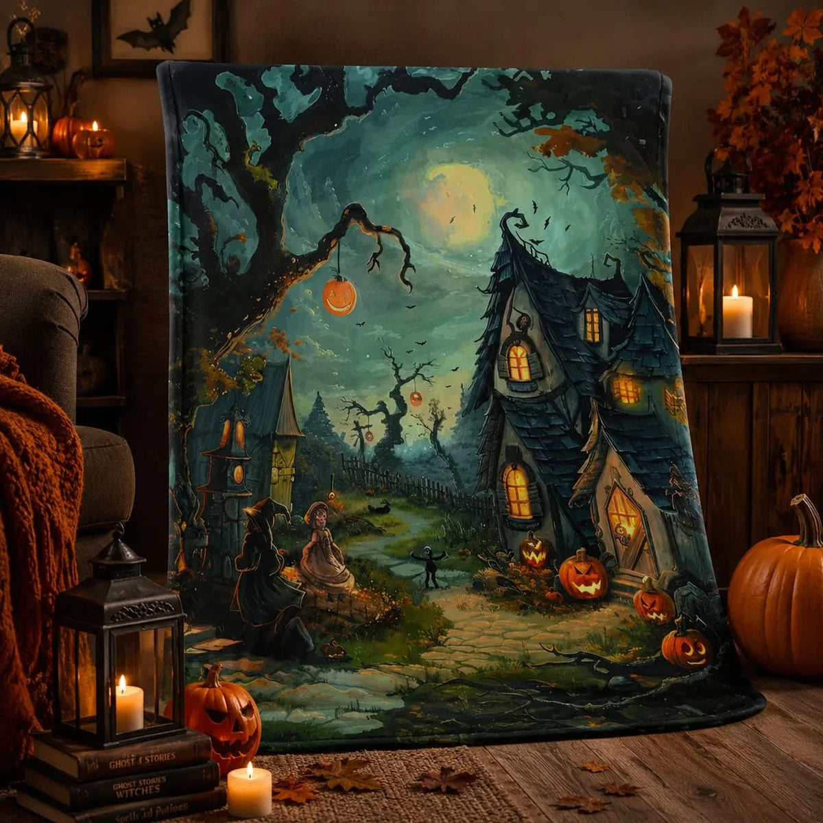 Halloween Blanket: Haunted Village and Pumpkin Scene (Cozy Throw Sizes)