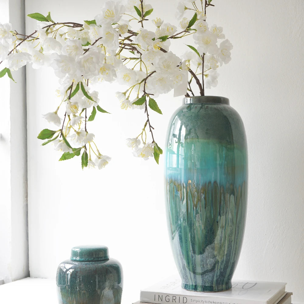 D7x15.9" Decorative Ceramic Vase with Blue Green Reactive Glaze Flowers Home Balcony Living Room Office Aesthetic Nordic MHHP