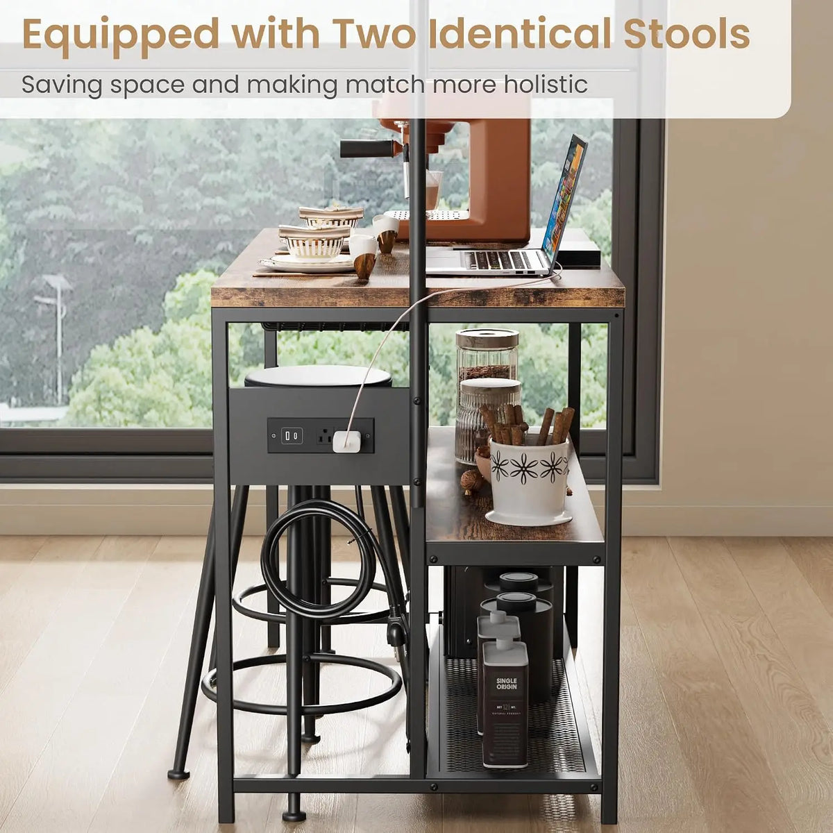Industrial Kitchen Island Dining Table with Power Outlet: Includes 2 Bar Stools, 3-Tier Storage Shelves, 5 Hooks & Microwave Stand, Multifunctional Coffee Bar for Dining Room, Living Room