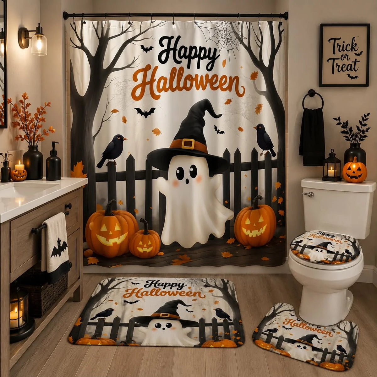 4pcs Halloween-Themed Shower Curtain Set Featuring Adorable Ghost Designs, Complete with Spooky Cartoon Ghosts, Bats, Pumpkins, And a Crow.This Fabric Shower Curtain Comes with a And 12 Hooks, Perfect for Bathroom Decor And A