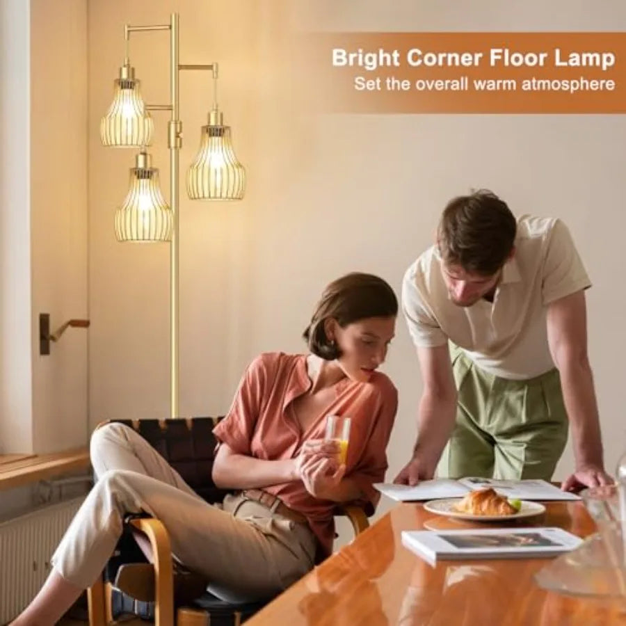Dimmable Gold Floor Lamps for Living Room, 70" Farmhouse Tree Standing Tall Lamps with 3 Elegant Cage Shade and 800 Lumens LED