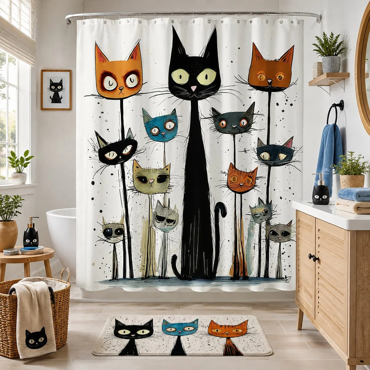 1pc Playful Cat Shower Curtain Durable Whimsical Cat Faces Print Shower Curtain with Hooks| Playful Black Cat Design, Machine Washable, Ideal for Bathroom Decor, All-Season Use
