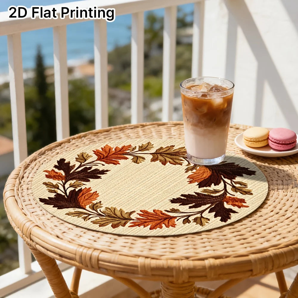 Set of 6 Round Placemats with Wooden Autumn Leaf Wreath, Non-slip Design, Ideal for Minimalist Table Decor, Suitable for Hotels, Restaurants, Festivals, Parties or Family Gatherings