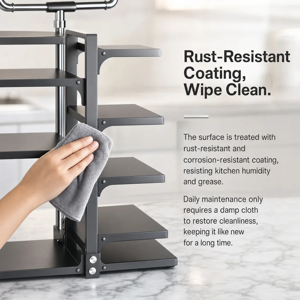 A height-adjustable 2/3/4/5/7-layer adjustable stainless steel kitchen storage rack, kitchen storage shelf, multi-layer drain organizer for pots, pans and tableware, painted finish, black, kitchen storage | shelf, kitchen sin