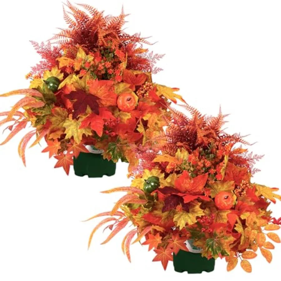 Outdoor autumn decor: artificial pumpkin and maple leaf potted plants, 20-inch fall flowers in orange and red, weather-resistan