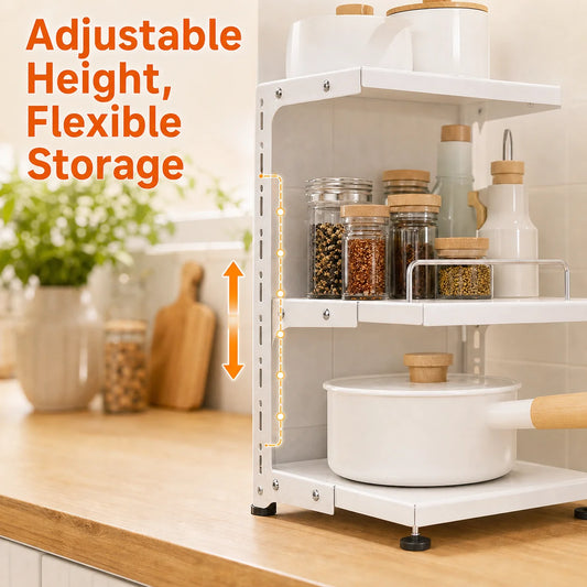 Adjustable Under Sink Storage Rack, White 3-Tier Pull Out Kitchen Cabinet Organizer, Multi-layer Metal Shelf for Pots Pans, Space Saving Under Basin Storage Holder for Bathroom Kitchen Counter Cabinet