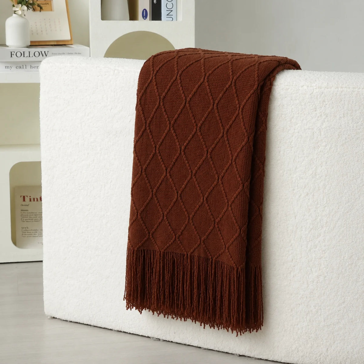 Light Khaki Diamond Cable Textured Knit Throw Blanket with Tassel Fringe, Soft Knitted Decorative Blanket, Lightweight Cozy Cover for Couch Sofa Bed, Boho Farmhouse Home Decor for Living Room Bedroom