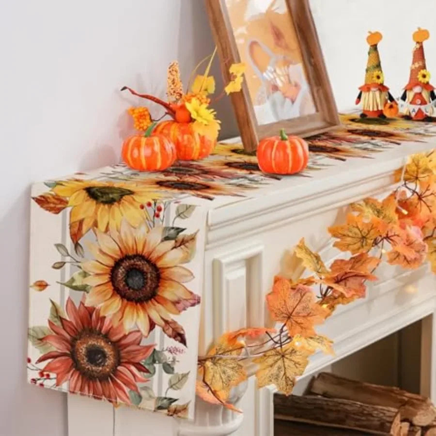 Sunflower Maple Leaves Fall Table Runner, Seasonal Autumn Kitchen Dining Table Holiday Thanksgiving Fall Decorations for Home P