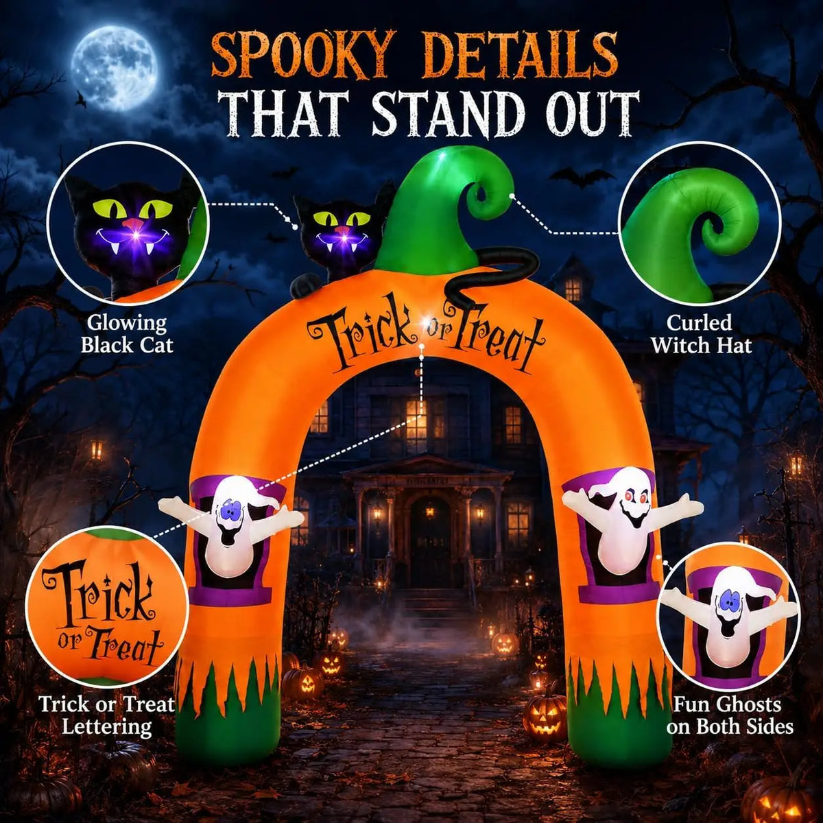 Halloween Inflatable Archway 10Ft with 7 LED Lights, Black Cat & Ghosts Design, Self-Inflating, Weather-Resistant, Foldable Outdoor Yard Decor, Bright Nighttime Glow, Easy Setup, Ideal Lighted Trick-or-Treat Entrance