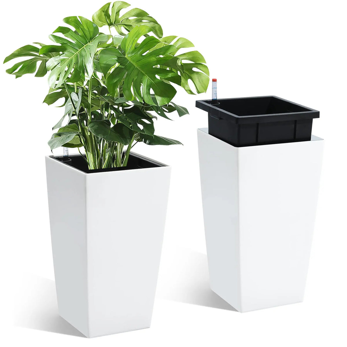 Tall Planters Set of 2, Outdoor＆Indoor Black Planter Pots, High Front Porch Planter Pots With Drainage Holes＆Water Level Monitor＆Inner Bucket, Automatic Watering