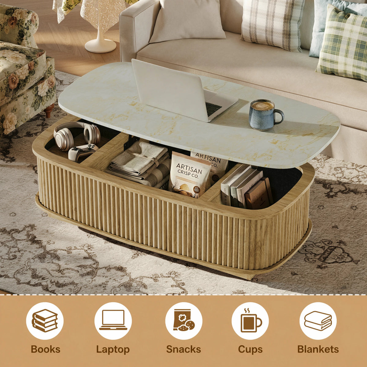 Oval Fluted Lift Top Coffee Table With Hidden Storage