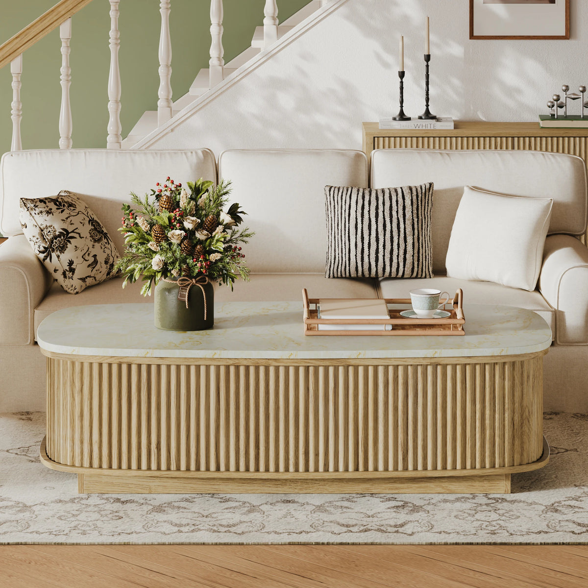 Oval Fluted Lift Top Coffee Table With Hidden Storage
